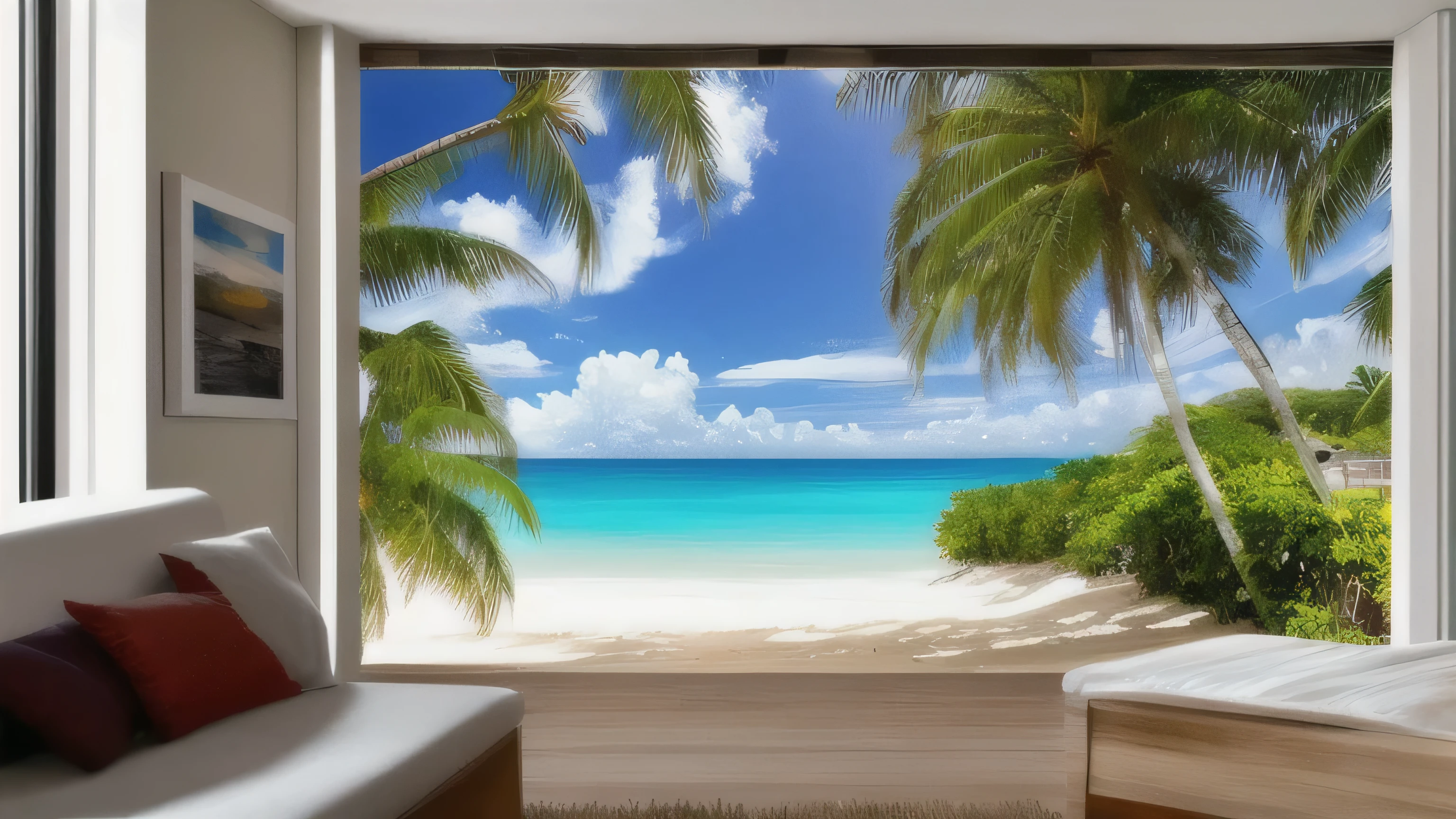 masterpiece, ultimate quality, CG Unity 8k Wallpaper, super delicate, ((A stylish house on the beach、I can see outside from the window))、 beautiful sky and clouds, blue sea、White sand beach、tropical beach、Palm tree、 no trace of people, Nice views,Already won a photo contest, Entire depth of field, HDR high dynamics, true restoration, Complex, extreme details, dramatic presentation, Perfectly expresses the style of mid-journey art.The rainbow is coming out