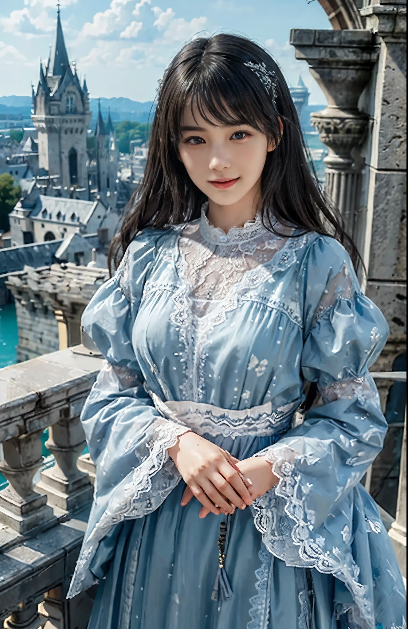 (ultra-realistic realism)、(illustratio)、(A high resolution)、(8K)、(Best Illustration)、(Beautifully detailed eyes)、(top-quality)、(ultra - detailed)、(masterpiece)、(the wallpaper)、(A detailed face)、solo、looking at viewert、A detailed face、pureerosfaceace_V1、A smile、 long hair、46-point diagonal bangs、((Dark lace dress))、((Beautiful woman standing on the balcony of the castle))