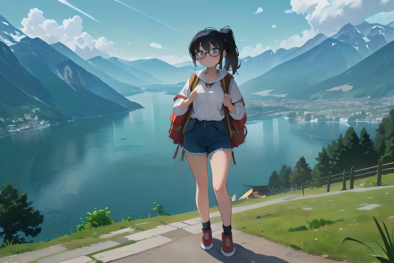((wide angle shot, full body image)) beautiful female tourist, black hair, ponytail, bangs, wearing large glasses, smirk, ((wearing a Backpacker style outfit)), morning light, Switzerland