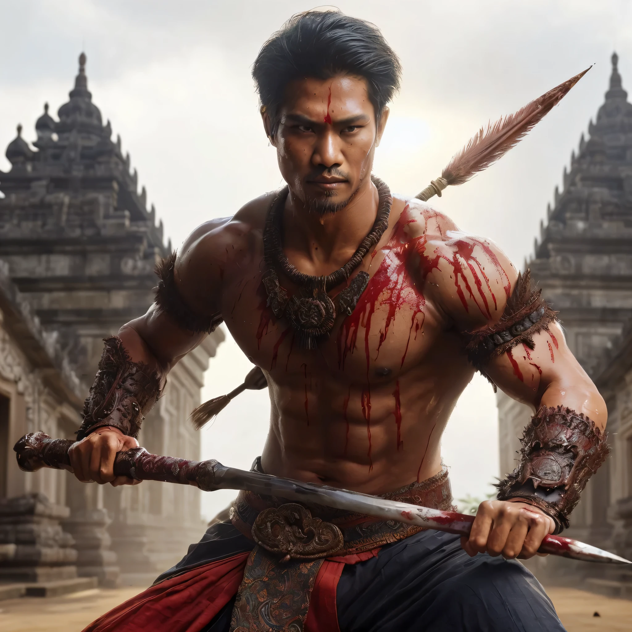 create a hyper realistic photo a handsome indonesian man as a hero in dynasty kingdom of majapahit, clean face, wearing traditional tribes of indonesian local man, fighting style using ancient weapon in front of the temple, there is red drip on the weapon and on the body looking furious, there' a splash of dust in his foot ultra higly detail, fullbody view, direct light, 32D 32K, majapahit kingdom with green leave background