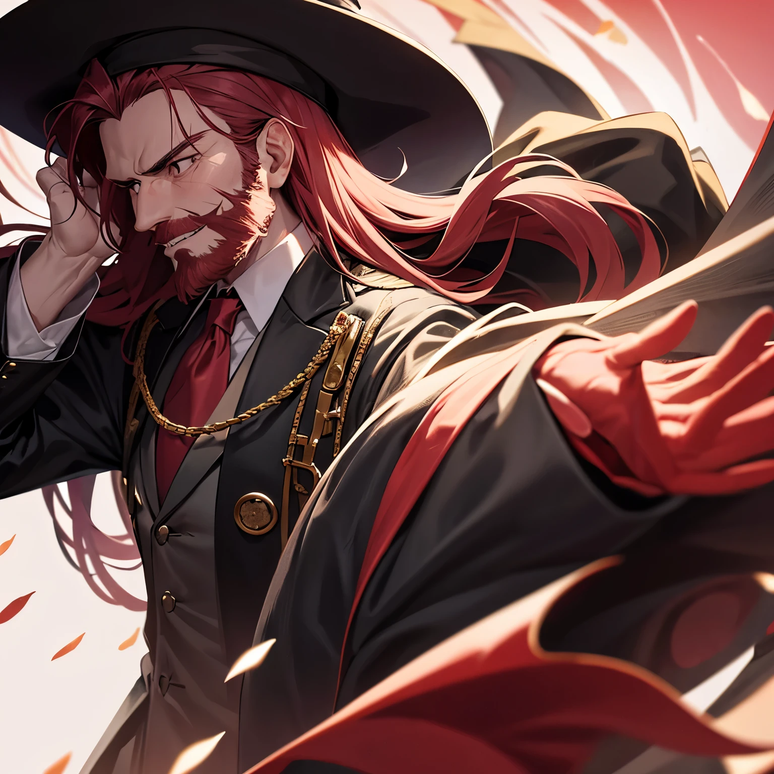 silk hat black cloak old man with red beard pink background amusement park white gloves black suit