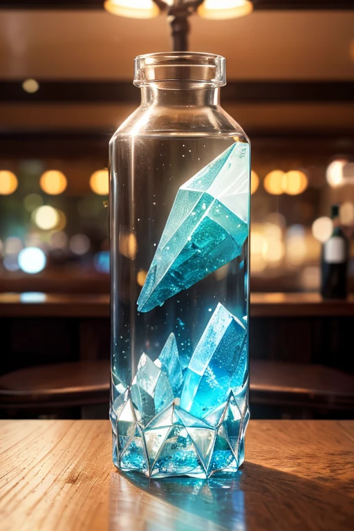 A large bottle of mineral water, situated on a table in a restaurant. The bottle is transparent, showcasing the cold, crystal-clear water inside. The photography captures every minute detail in 8K resolution, bringing the realness of the scene to life. The realistic rendering accurately portrays the water's texture and the condensation forming on the exterior due to its chill.
