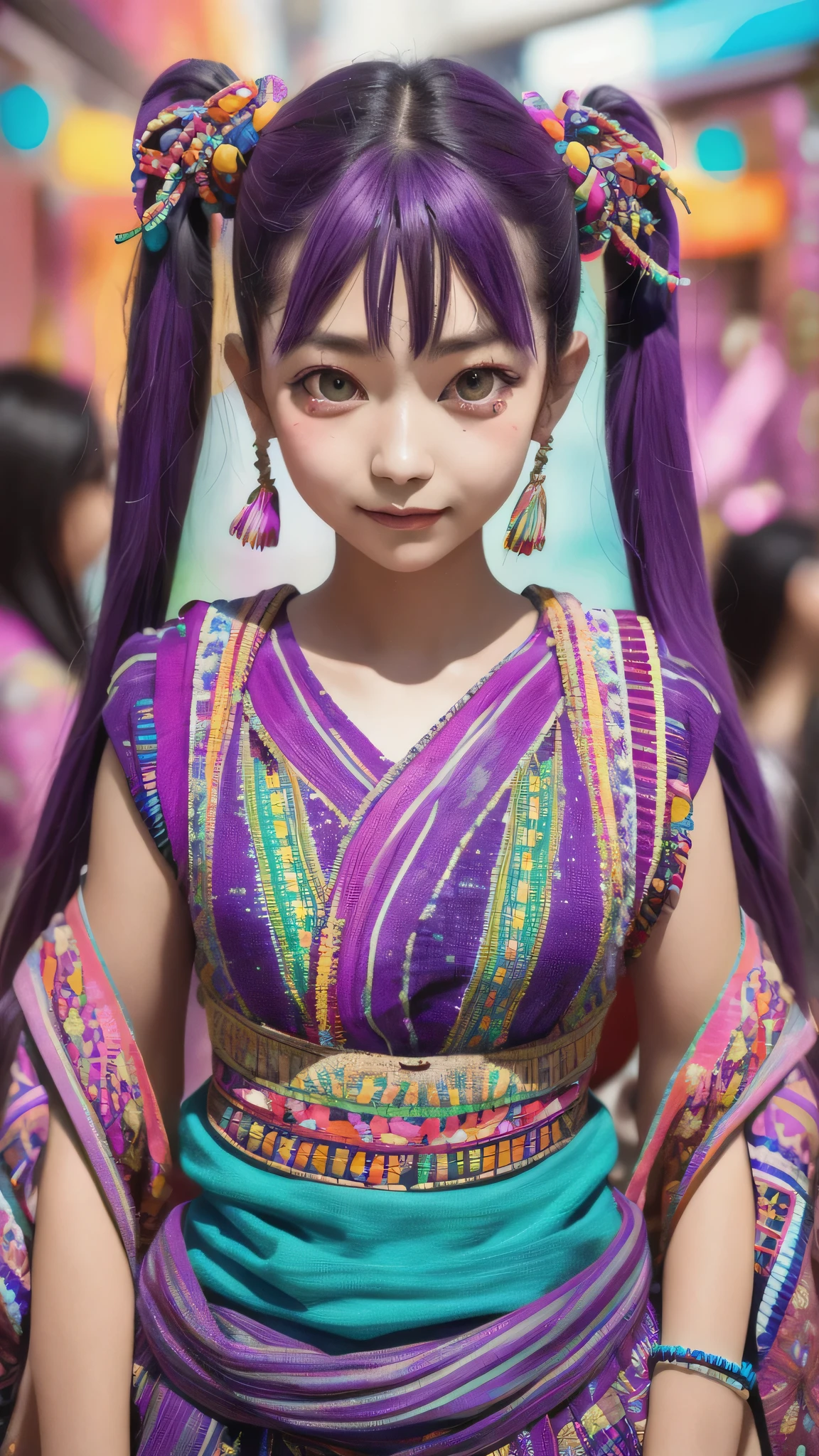 (disorganized, High resolution, super detailed), (1 girl:1.3), twin tails, purple hair, break , glitch art, digital distortion, pixelated fragment, Data corruption, colorful noise, visual chaos, contemporary aesthetics break , enamel art, glass-like surface, Bright colors, glossy finish, reflective texture, rich pigments, fluid forms break , ethnic style, traditional costume, vivid pattern, handmade textiles, cultural motifs, beaded jewelry, artisan accessories