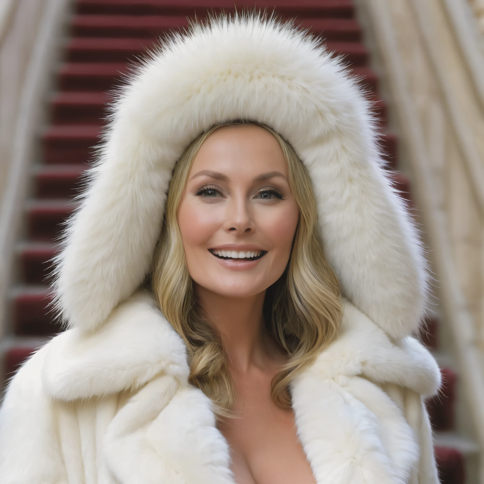 Bo Derek dressed in a very big white mink fur coat, descendre le grand escalier d'un palace parisien , completely naked, with very big voluminous breasts, bien visibles, the nipples are pointed and large and the areolas are extremely well shaped , elle est souriante et provocante, she protrudes her tongue between her teeth she is wearing a large white real fur hat