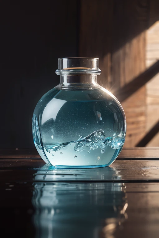 A large bottle of mineral water lies elegantly placed on a table in the sophisticated restaurant. The transparency of the bottle offers a captivating view of the cold, crystal-clear water within, every minute detail of which is meticulously captured in 8K resolution. The high-definition photography brings the scene to life, accurately rendering the water's texture with intricate detail, and depicting the condensation forming on the exterior due to its chilling temperature.