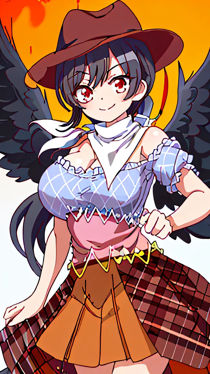 kurokoma saki, 1girl,cowboy ，((large breasts)) ，smiling,high quality,illustration，hat,black hair,long hair,ponytail,red eyes,bandana, white scarf,multicolored clothes,bare shoulder,short sleeves,blue shirt,wings,multicolored dress, brown skirt,plaid skirt,overskirt,horse tail,ruins