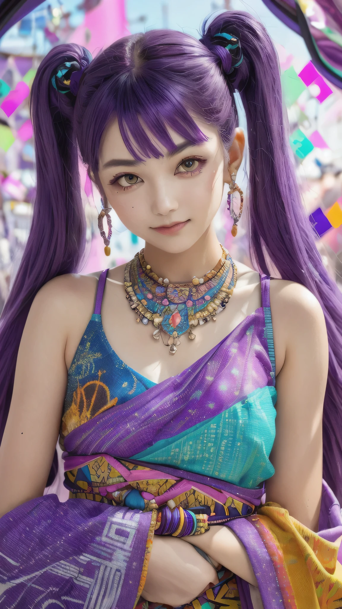 (disorganized, High resolution, super detailed), (1 girl:1.3), twin tails, purple hair, break , glitch art, digital distortion, pixelated fragment, Data corruption, colorful noise, visual chaos, contemporary aesthetics break , enamel art, glass-like surface, Bright colors, glossy finish, reflective texture, rich pigments, fluid forms break , ethnic style, traditional costume, vivid pattern, handmade textiles, cultural motifs, beaded jewelry, artisan accessories