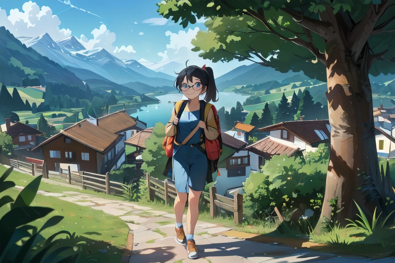 ((wide angle shot, full body image)) beautiful female tourist, black hair, ponytail, bangs, wearing large glasses, smirk, ((wearing a Backpacker style outfit)), morning light, Switzerland