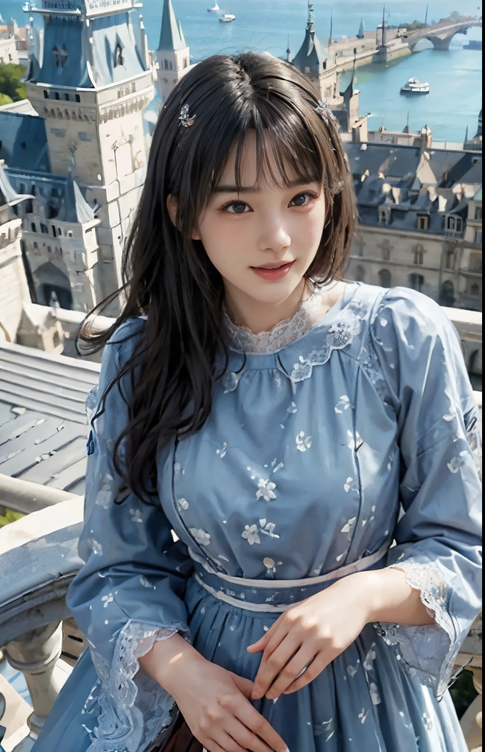 (ultra-realistic realism)、(illustratio)、(A high resolution)、(8K)、(Best Illustration)、(Beautifully detailed eyes)、(top-quality)、(ultra - detailed)、(masterpiece)、(the wallpaper)、(A detailed face)、solo、looking at viewert、A detailed face、pureerosfaceace_V1、A smile、 long hair、46-point diagonal bangs、((Colorful lace dress))、((Beautiful woman standing on the balcony of the castle))