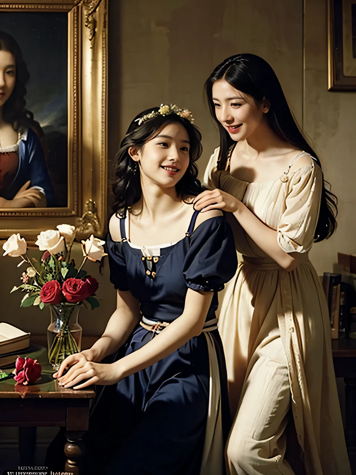 Giorgione painting style,Arguments of two female Philosophe,math、astronomical machine、astronaut、roses in vase、fruits、Cute trinkets、smile、ancient greek costume、Ancient Roman landscape in the style of Nicolas Poussin,laughter,,Sweet and seductive appearance.、Caravaggio's paintings、Chiaroscuro of Caravaggio、hair tousled by the wind,Two women frolicking,cute smile, expression of ecstasy,Sexy,erotic