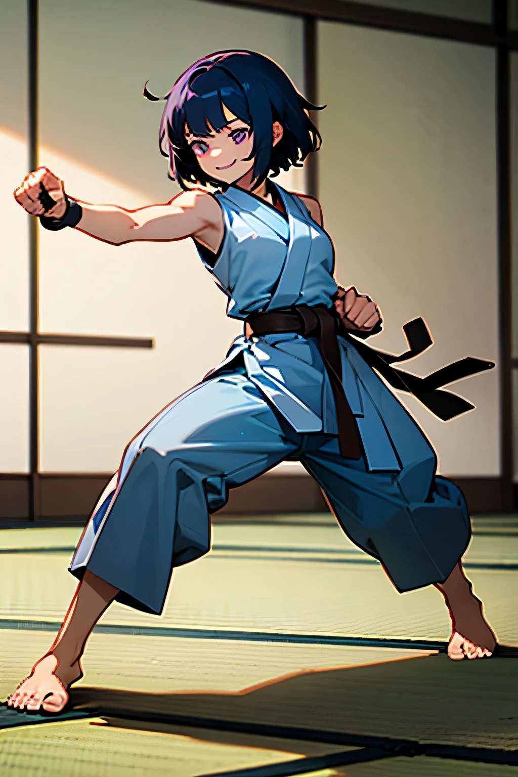 1girl, extremely detailed, intricate detail, short hair, dark blue hair, sleeveless white gi, purple eyes, smiling, tatami mats in background, navy blue martial arts trousers, fighting stance, barefoot, best quality