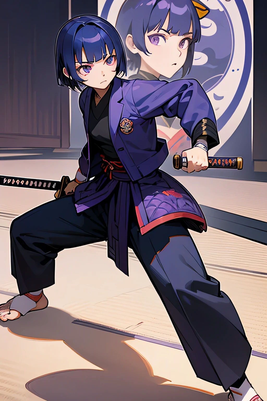 1girl, extremely detailed, intricate detail, short hair, dark blue hair, purple japanese jacket, purple eyes, tatami mats in background, navy blue martial arts trousers, fighting stance, bandages on bare feet, best quality, black katana, kasumi stance