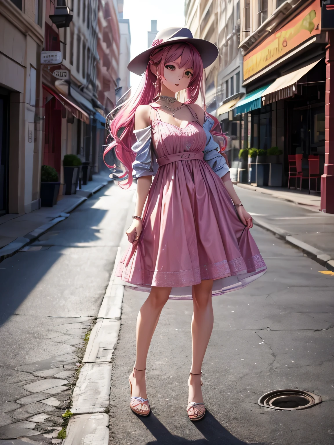 A girl, 17 years old, wearing dress, pink collor, long hair, full body, wearing hat