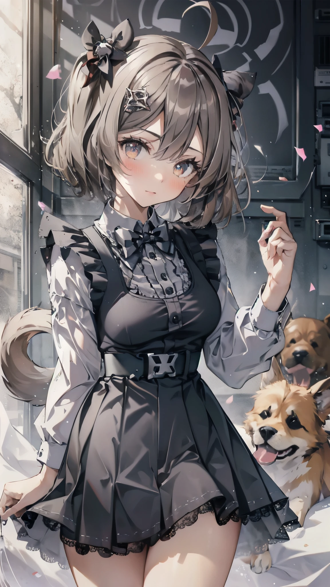 1girl,solo,biscuit \(nikke\),dog tail,dogs,black dress,shirt,(short stature:1.3),top-quality,Top image quality,perfect anatomy,masterpiece,ultra-detailliert,Beautiful,ultra-quality, best quality,high resolution, ultra-detailed,game cg,dutch angle ,beautiful detailed eyes,visualart,five fingers, perfect hands,