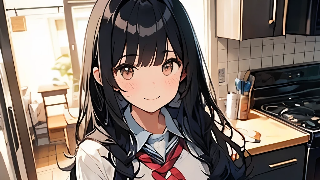 black hair、hair is long、18 year old female、chest is big、high school girl、Sarah uniform、one's home、night、Standing in the kitchen、smile