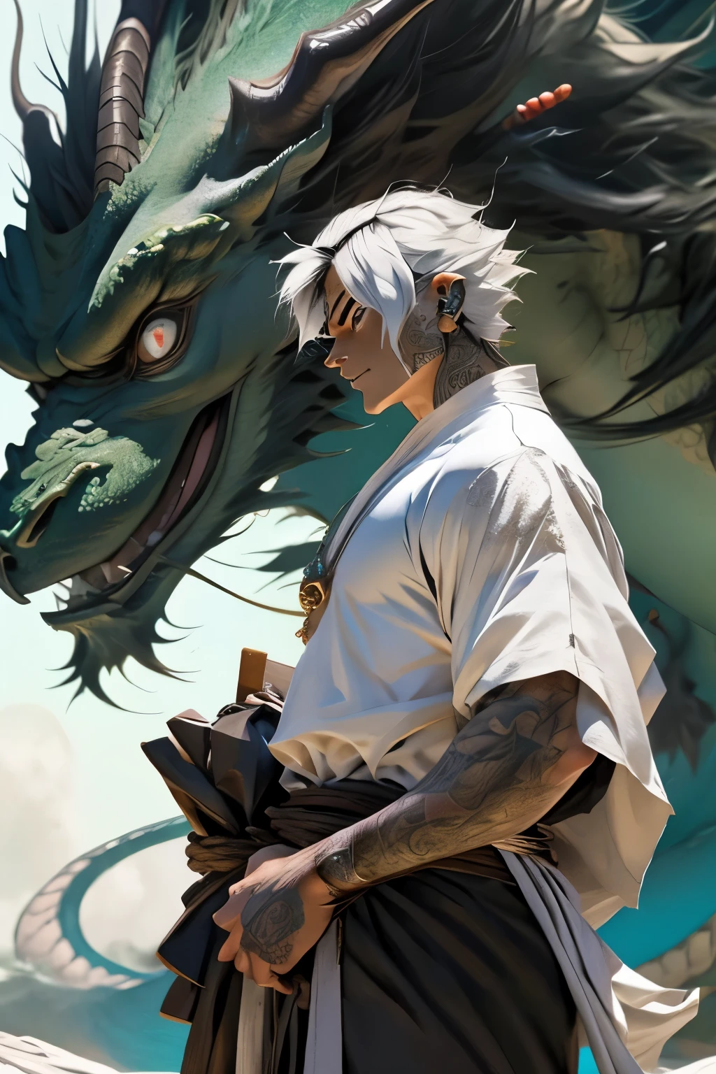 gars d'anime avec des cheveux blancs et des tatouages debout devant un dragon, cheveux moyen-long, handsome japanese demon boy, beau mec dans l'art du tueur de démons, Mobile wallpaper, Badass Anime 8K, animated background, baki style, fond d'écran incroyable, Manga Wallpaper 4K, phone wallpaper, detailed digital animated art, personnage d'anime; art corporel complet, beau dieu masculin de la mort