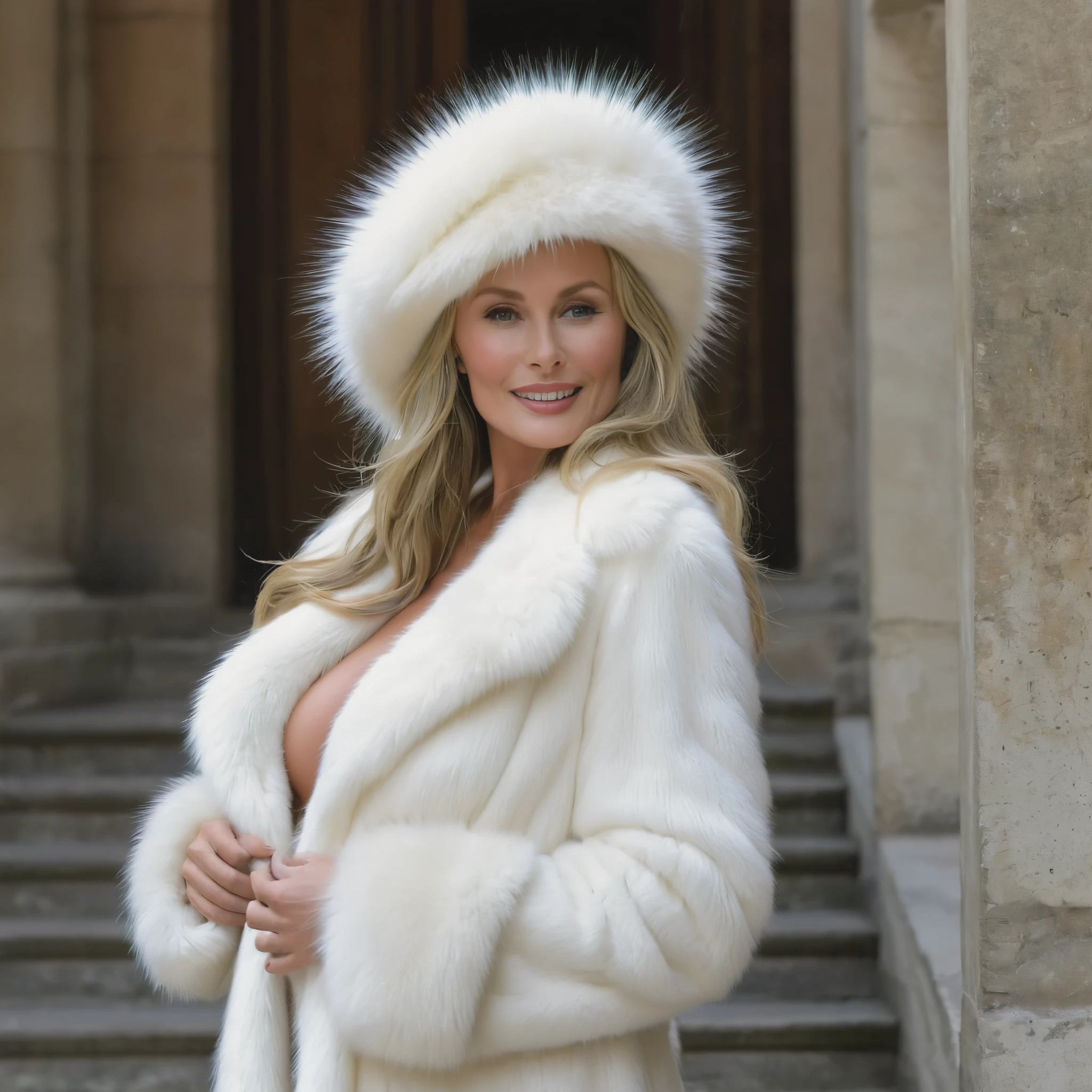 Bo Derek dressed in a very big white mink fur coat, descendre le grand escalier d'un palace parisien , completely naked, with very big voluminous breasts, bien visibles, the nipples are pointed and large and the areolas are extremely well shaped , elle est souriante et provocante, she protrudes her tongue between her teeth she is wearing a large white real fur hat