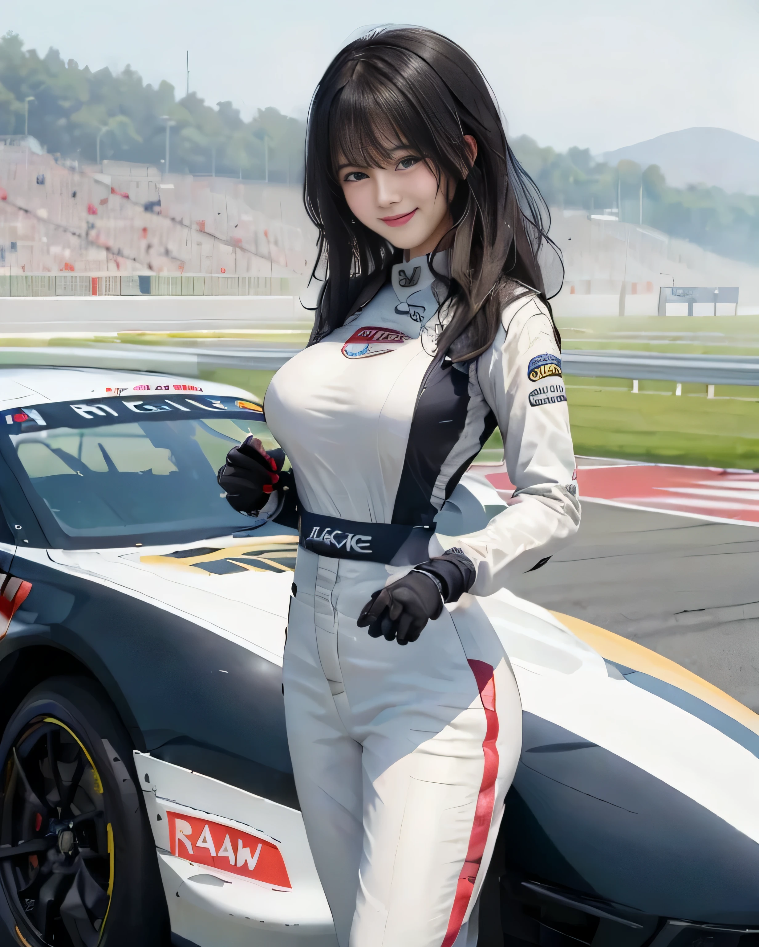 ((RAW image quality:1.4)), 1 lady solo standing, /(grid girl/) Clothes with logos, ripe woman, /(black hair/) bangs, blush gentle smile, (masterpiecehighest quality:1.2) Super detailed and delicate illustrations, Big breasts Break /(Outdoor racing circuit/), Spectators in a racing car, detailed background, highest quality,