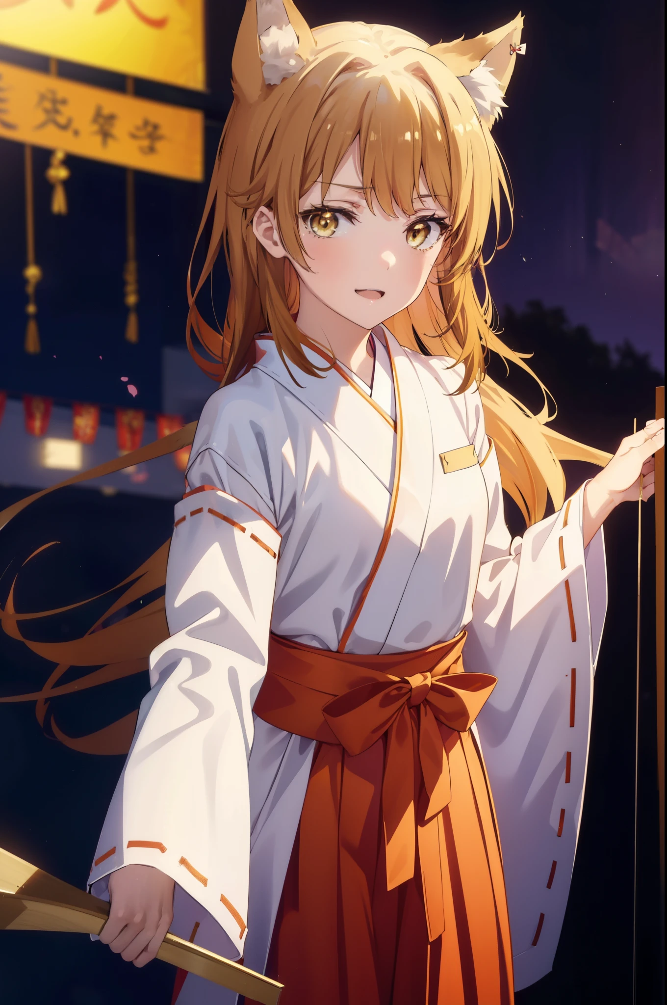 irohaisshiki, iroha isshiki, long hair, brown hair, (brown eyes:1.5), happy smile, smile, open your mouth,animal ears　fox ears,animal tail　fox tail,Miko, kimono,red hakama ,kimono, wide sleeve, long sleeve, Ribbon trim sleeves,Zori sandals,Time is night,sunny day,
break outdoors, festival,
break looking at viewer,Upper body,whole body, (cowboy shot:1. 5)
break (masterpiece:1.2), highest quality, High resolution, unity 8k wallpaper, (shape:0.8), (beautiful deしっぽed eyes:1.6), extremely deしっぽed face, perfect lighting, extremely deしっぽed CG, (perfect hands, perfect anatomy),