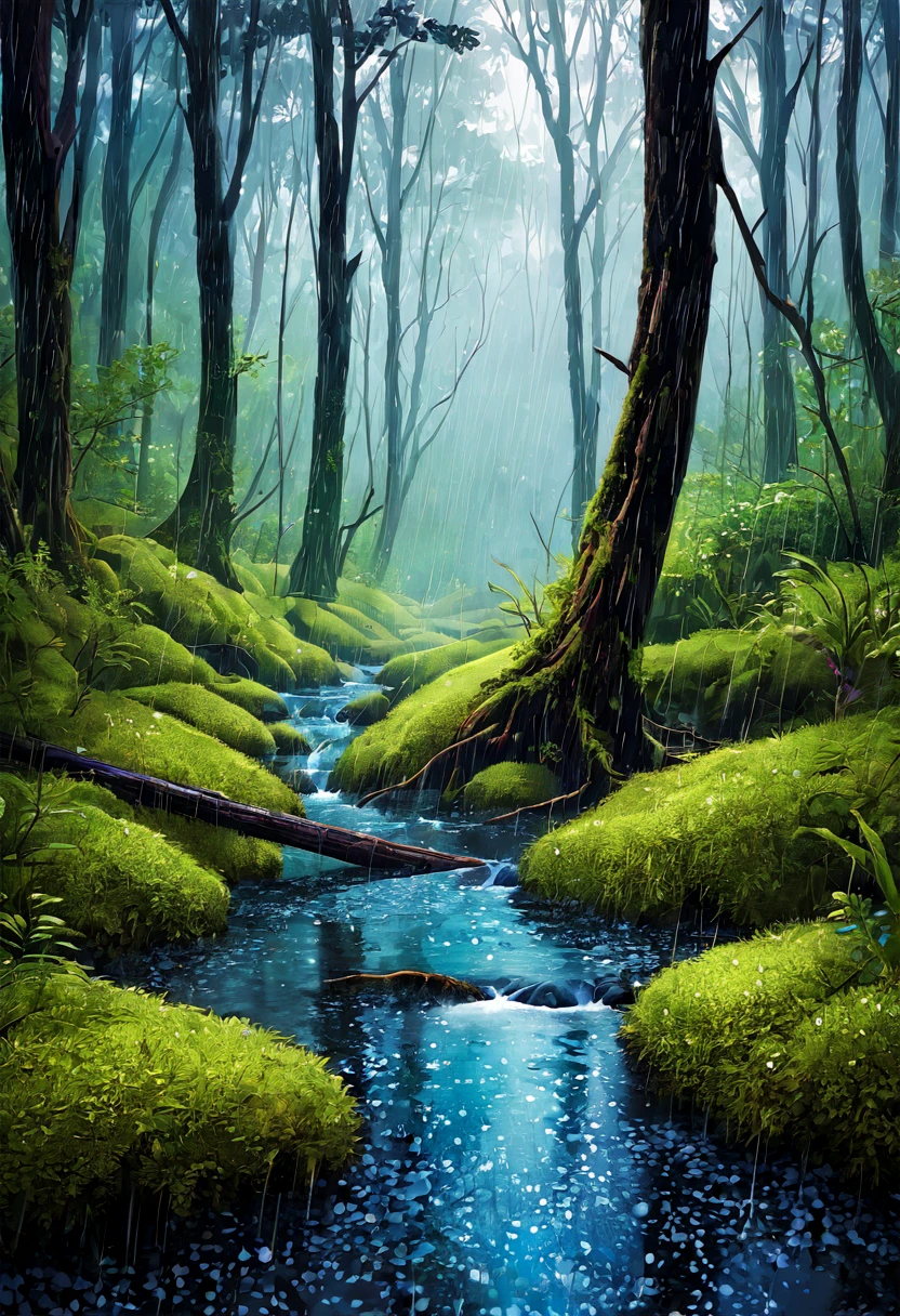 rainy forest　masterpiece　Grains of water　fantasy　Small animals