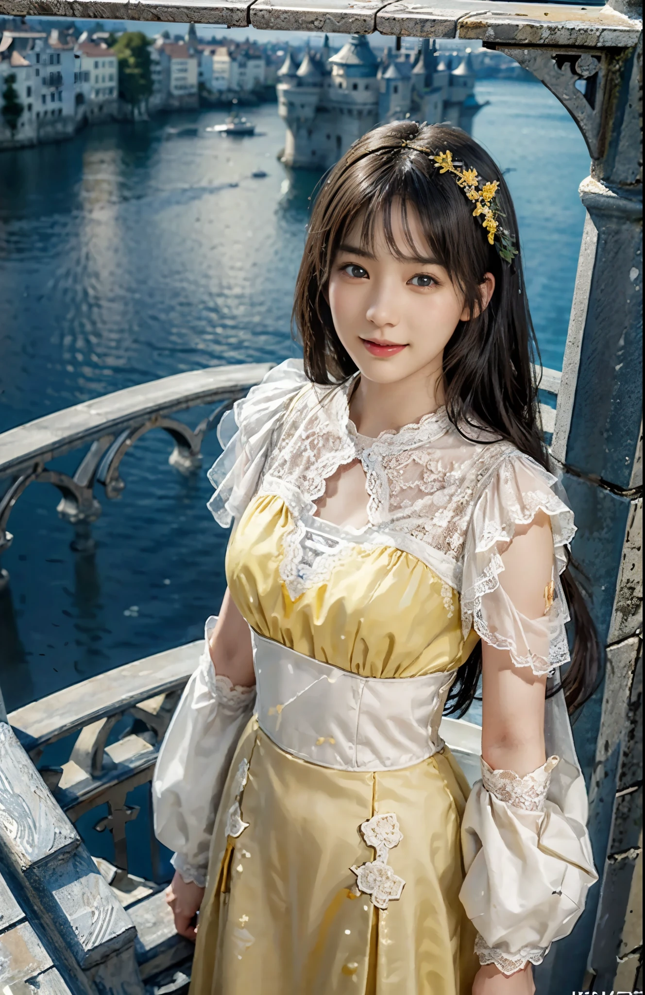 (ultra-realistic realism)、(illustratio)、(A high resolution)、(8K)、(Best Illustration)、(Beautifully detailed eyes)、(top-quality)、(ultra - detailed)、(masterpiece)、(the wallpaper)、(A detailed face)、solo、looking at viewert、A detailed face、pureerosfaceace_V1、A smile、 long hair、46-point diagonal bangs、((Yellow lace dress))、((Beautiful woman standing on the balcony of the castle))