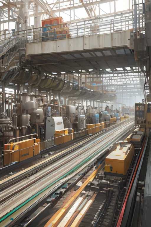 In the heart of a bustling city, there lies a soft drink factory, its interior a marvel of modern industrial design. The production line, a seamless dance of machinery and technology, hums with the rhythm of efficiency. Realistic photography captures every detail of this real, functioning space, from the metallic sheen of the machinery to the vibrant colors of the soft drink bottles lining the conveyor belts. Every angle, every detail, is rendered in stunning 8K resolution. Observe as the assembly line transforms raw materials into finished products, a testament to the marvels of industrial production.