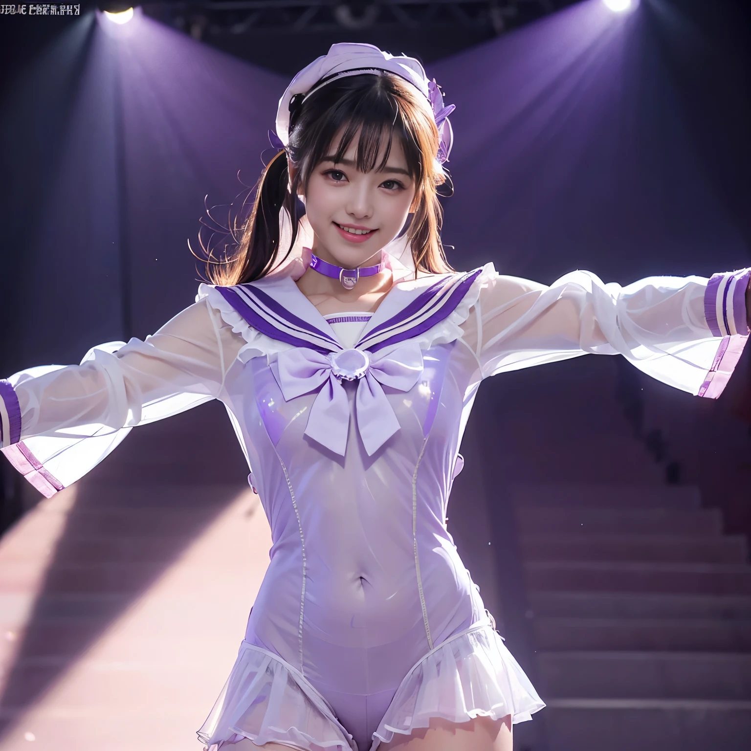 (RAW photo、highest quality)、(realistic、Photoreal:1.3)、highest quality、masterpiece、very delicate and beautiful、A hvery detailed、nffsw、sense of oneness、2k wallpaper、growing up、Beautiful in every detail、masterpiece、light smile、highest quality、Hvery detailed ticker Unity 8K wallpapers、huge file size、Super detailed、High resolution、very detailed、((Euphoric look))、((orgasm:1.2))、((smile:1.15))、((sweating:1.4))、((translucent:1.55、Features a collar that sticks to your skin and a beautiful silhouette.、Light purple sailor uniform style bodysuit....:1.6))、blue and purple、ribbon、sailor hat、double ruffle garter、super cute girl、、Part of an idol group、(((at the concert「ザ☆ピ〜s!」dancing)))、(spread your legs wide), (Pull your hips back), (Arch the upper body), and place your left hand on your hip.、Right hand salutes with two fingers、Hair is moving、Spotlight、professional lighting、cinematic light、Three dimensions、viewer'perspective、