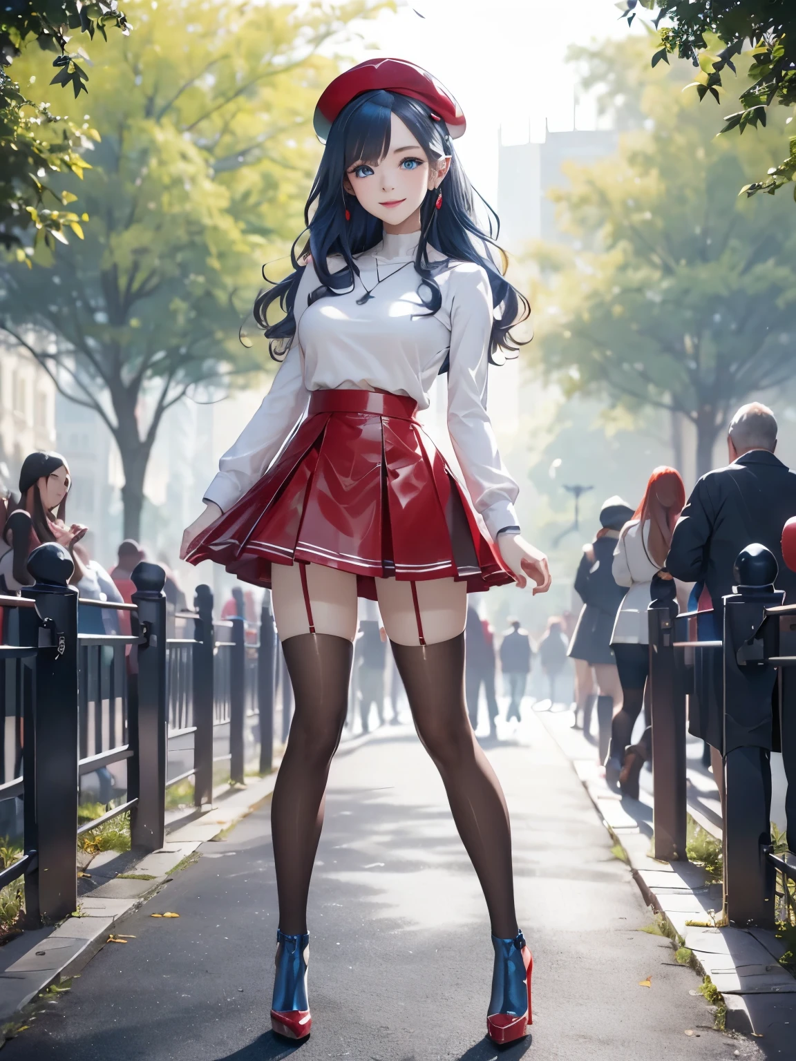 ((Biologically correct number of limbs))、(( from head to toe、Full body photo including face))、4K、((standing position))、masterpiece、((focus on the face))、((Symmetrical facial features))、Eyes of minute description、Beautiful woman、outstanding style、beautiful arms、beautiful legs、beautiful hands、(small ass、thin thighs)、Detailed depiction of faces、small earrings、necklace、(White Latex Uniform、red latex skirt、high heels、stockings)、close up of face、smile、The background is the park in the morning、beret、blue-silver hair、blue eyes、