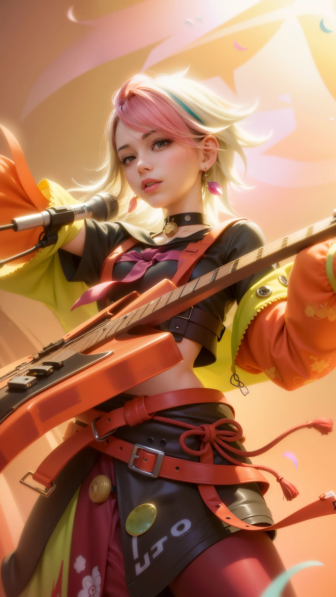 (8k, RAW photo, photorealistic:1.25) , red lips, best quality, ultra highres, depth of field, chromatic aberration, caustics, Broad lighting, natural shading, ultra detailed texture, hyper realistic, detailed texture, detailed face, detailed skin, detailed hair, real hair, detail eyes, cinematic background, a close up of a girl with pink and white hair, guitar and a colorful outfit, ig model | artgerm, extremely detailed artgerm, style artgerm, kda, rossdraws cartoon vibrant, 8k artgerm bokeh, artgerm lau, style of artgerm, ! dream artgerm, artwork in the style of guweiz, smile happy, earrings in ears