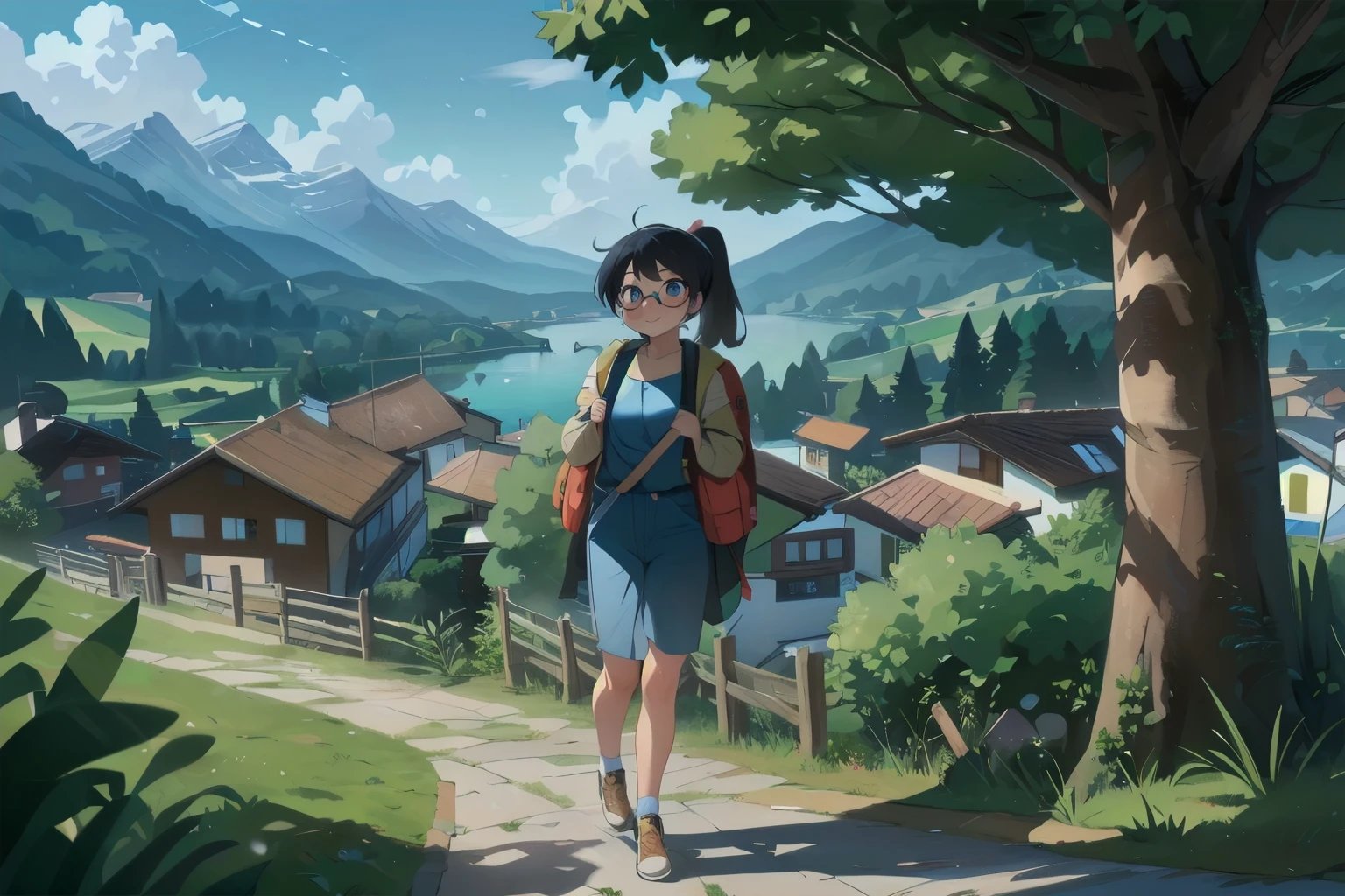 ((wide angle shot, full body image)) beautiful female tourist, black hair, ponytail, bangs, wearing large glasses, smirk, ((wearing a Backpacker style outfit)), morning light, Switzerland