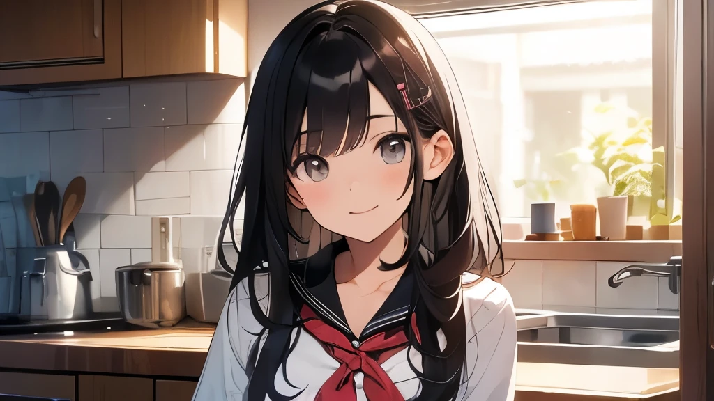 black hair、hair is long、18 year old female、chest is big、high school girl、Sarah uniform、one's home、night、Standing in the kitchen、smile