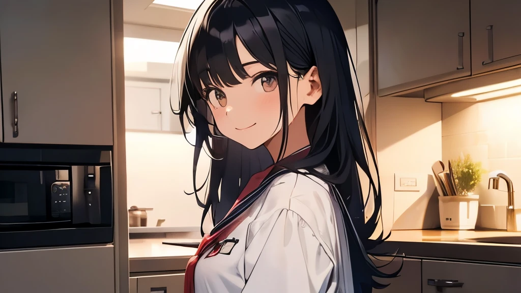 black hair、hair is long、18 year old female、chest is big、high school girl、Sarah uniform、one's home、night、Standing in the kitchen、smile