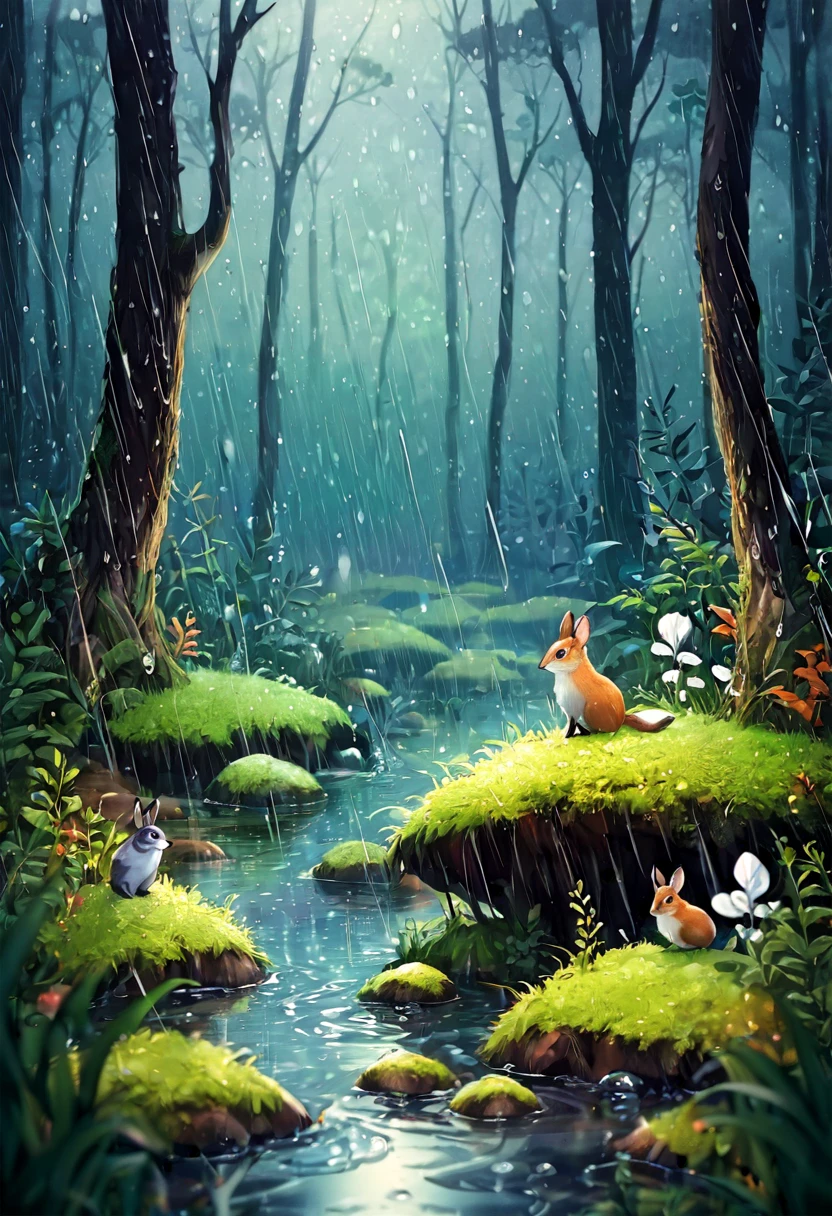rainy forest　masterpiece　Grains of water　fantasy　Small animals