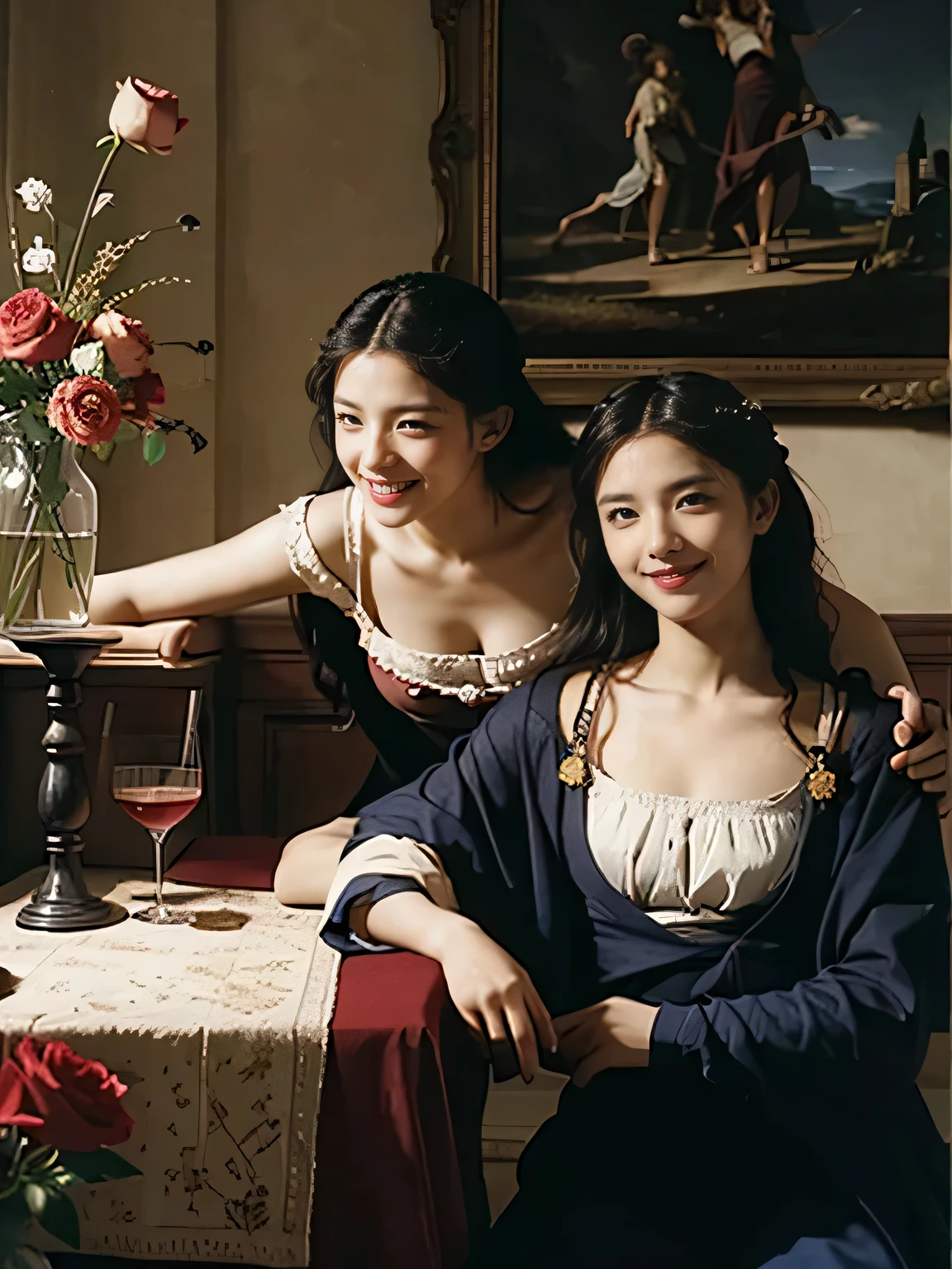 full body portrait ,fruits,Rose ,flower,Rosa,antique,A smile,,Sweet and seductive appearance.、Caravaggio's paintings、Chiaroscuro of Caravaggio,Two women frolicking,Cute smile, Expression of ecstasy