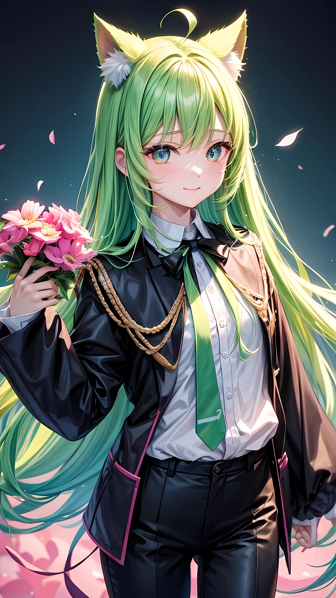 Two-dimensional beautiful youth、long hair、Green and pink hair、The green part is、#00fa9a color、The black part is pink、black cat ears、Boy character、positive、plain background、Clothes: white blouse, black jacket and black pants、No pose　smile