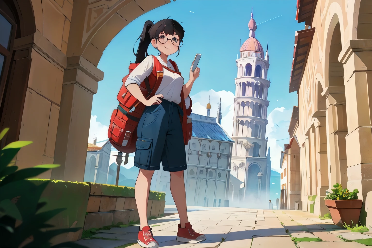((wide angle shot, full body image)) beautiful female tourist, black hair, ponytail, bangs, wearing large glasses, smirk, ((wearing a Backpacker style outfit)), morning light, Leaning Tower of Pisa