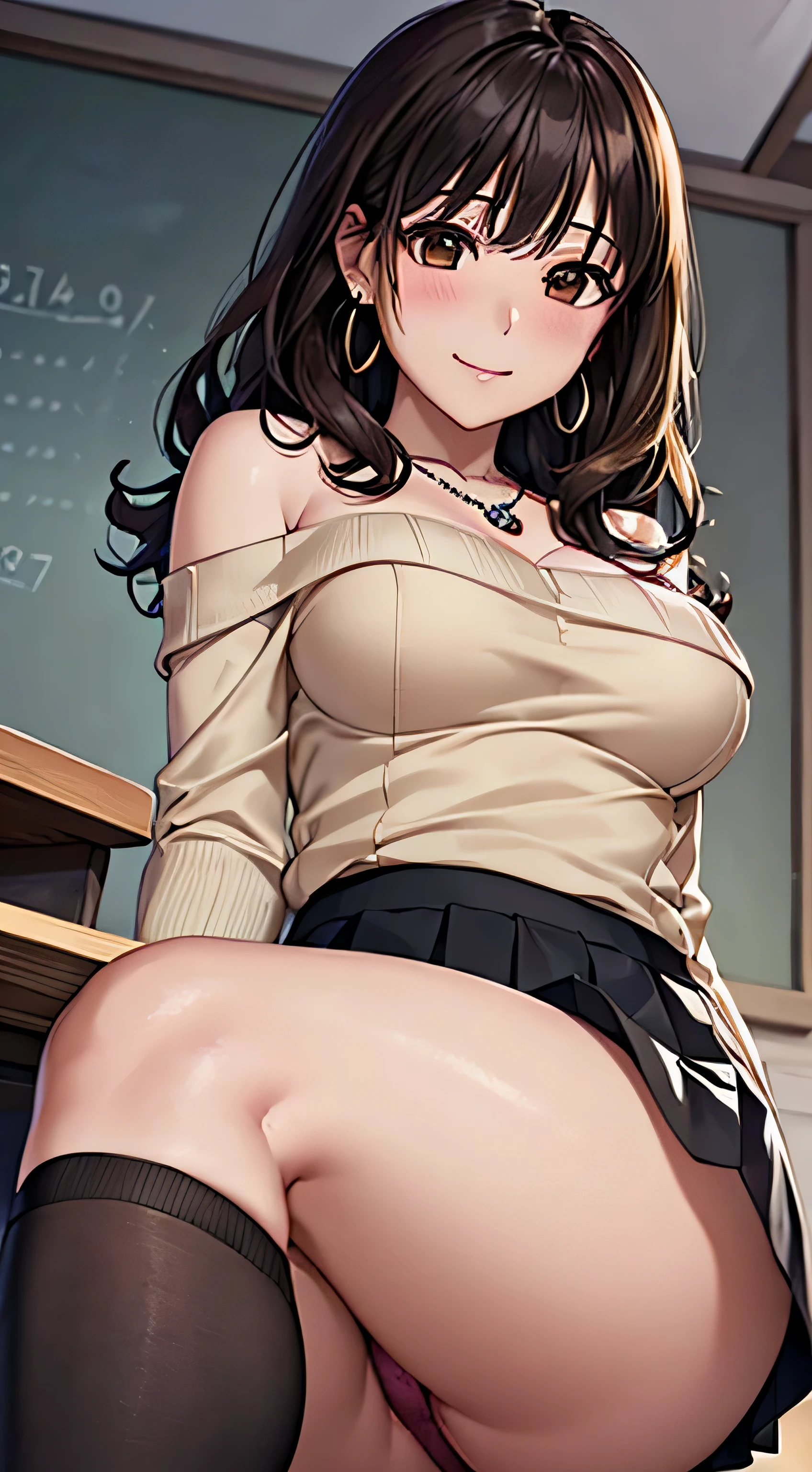 (table top, highest quality, High resolution, , perfect pixel, 4k,), 1 girl, single, alone, Beautiful woman、I could see the whole body、 ((wavy middle hair, bangs, brown hair)), ((brown eyes, beautiful eyelashes, realistic eyes)), ((detailed face, blush:1.2)), ((smooth texture:0.75, realistic texture:0.65, realistic:1.1, Anime CG style)), medium breasts, dynamic angle, perfect body, ((, female teacher, , earrings、necklace、beige off shoulder sweater、Black Long Pleated Skirt、black knee high stockings、pink lace panties、shy smile、Pull up your skirt to show your panties)), upper grade、、、evening、、Bring your arms together to emphasize your chest、hold the necklace between your chest、(、()、angle from below)、