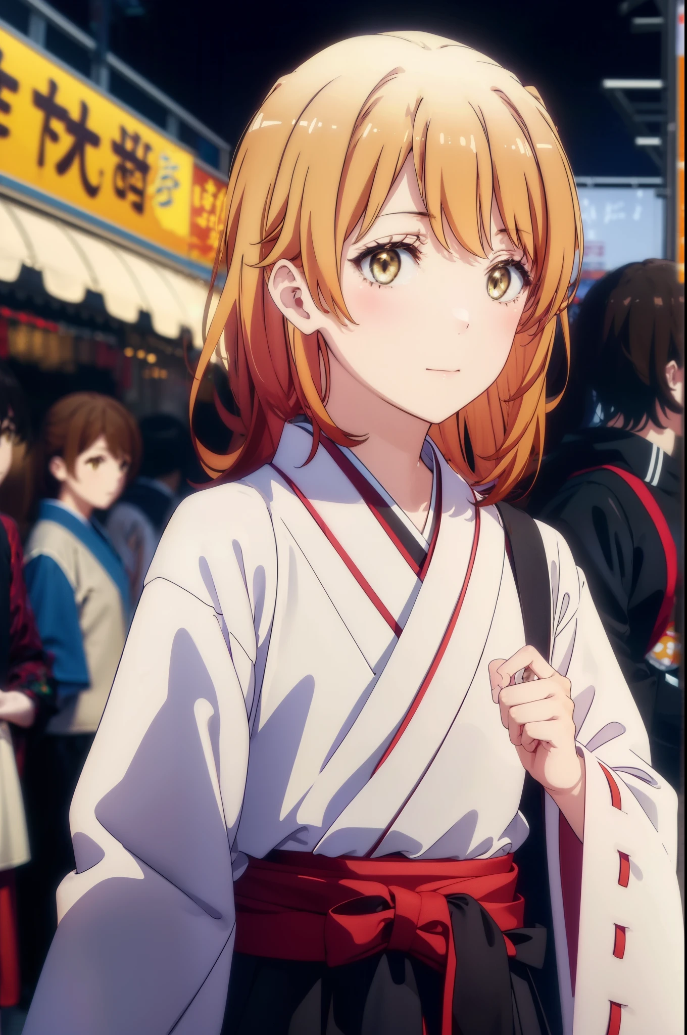 irohaisshiki, iroha isshiki, long hair, brown hair, (brown eyes:1.5), happy smile, smile, open your mouth,animal ears　fox ears,animal tail　fox tail,Miko, kimono,red hakama ,kimono, wide sleeve, long sleeve, Ribbon trim sleeves,Zori sandals,Time is night,sunny day,I have apple candy,
break outdoors, festival,
break looking at viewer,Upper body,whole body, (cowboy shot:1. 5)
break (masterpiece:1.2), highest quality, High resolution, unity 8k wallpaper, (shape:0.8), (beautiful deしっぽed eyes:1.6), extremely deしっぽed face, perfect lighting, extremely deしっぽed CG, (perfect hands, perfect anatomy),