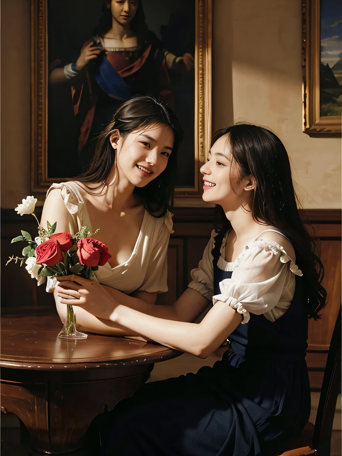 Giorgione painting style,Arguments of two female Philosophe,math、astronomical machine、astronaut、roses in vase、fruits、Cute trinkets、smile、ancient greek costume、Ancient Roman landscape in the style of Nicolas Poussin,laughter,,Sweet and seductive appearance.、Caravaggio's paintings、Chiaroscuro of Caravaggio、hair tousled by the wind,Two women frolicking,cute smile, expression of ecstasy,Sexy,erotic