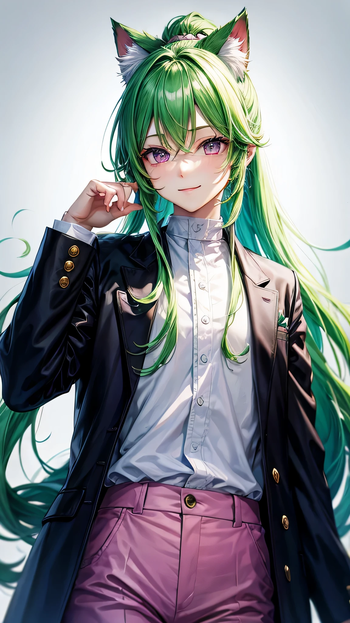 Beautiful young man has long hair、I have bright green hair and pink hair.、pink eyes、Cat ear、Boy character、positive、pure white background、Clothes: white blouse, green jacket and black pants、No pose 、positive、1 person、smile、Standing picture、ponytail