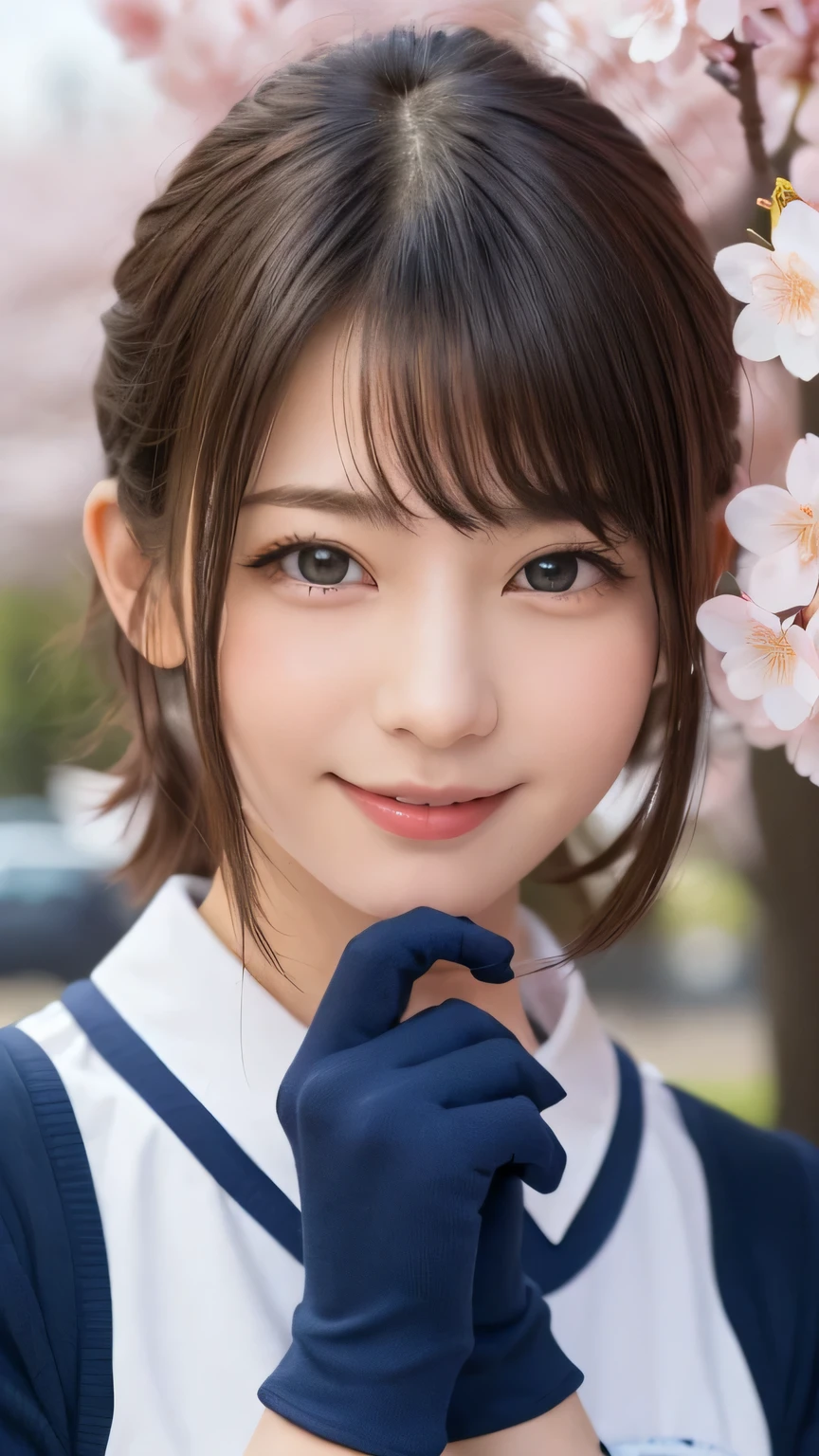 one girl, (a beauty girl, delicate girl:1.3), (:1.3),
break, (spring, cute uniform:1.3),
break, (Street view:1.3), (cherry blossoms fall:1.3), (wool gloves), perfectly trimmed fingers,
break, very fine resolution, (symmetrical eyes:1.3),
break, small breasts, brown eyes, parted bangs, brown hair, girl,
break, (Eye and face details:1.0), (get closer to the face, enlarge the face, face focus:1.0),close up of face,
break, (masterpiece, highest quality, Super detailed, detailed face, 8K),SakuraFubuki,cherry blossom petals,smile,random pose、blue eyes、white gloves,ponytail、SakuraFubuki、gloves、break,dynamic pose,smile、horizontal peace sign in front of face、beautiful hands、correct move