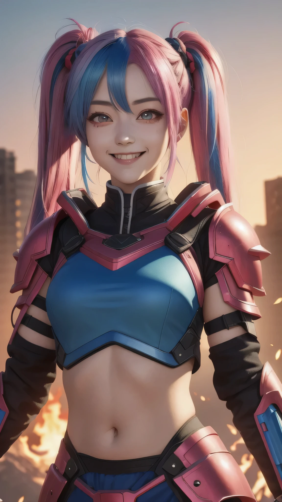 highest quality, 4k, masterpiece, very detailed, high detail, 1 girl, alone, peri, blue hair, hair above one eye, colorful hair, twin tails, pink hair, red eyes, two tone hair, armor, smile, burning city background