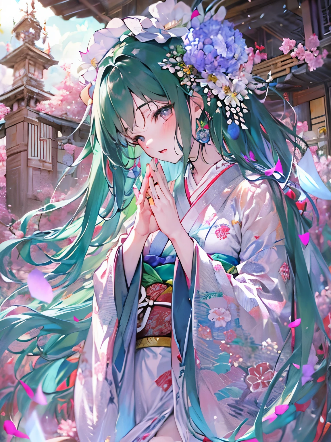(((Prayer, join hands,)))), Close your eyes, ((Anime art style)),(Maste piece),(Best quality), (Super detail),((Very delicate and beautiful )),(( (solo))),((full body portrait)),(((a princess dressed in a finely crafted kimono))),((crinoline)),long train,(( Standing in front of an old folk house)),(gorgeous gemstone jewelry), detailed face and eyes, jewel-like eyes,((lots of straight hair, very long azure blue straight hair)),((very delicate Flower)),(( Hair ornament decorated with sparkling and gorgeous jewels)),((Angle of movement)), Looking at the viewer,,The flower has flowing petals,(((Flower with volume) )),