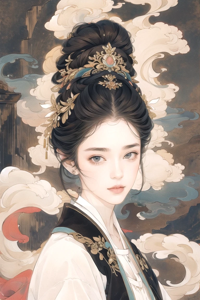 (8K, best quality, masterpiece:1.2),(best quality:1.0), (ultra high definition:1.0), watercolor, a beautiful woman, Shoulder, Headbands, by Agnes Cecil, bust, Extremely luminous and bright design, pastel colors, (ink:1.3), autumn lights,