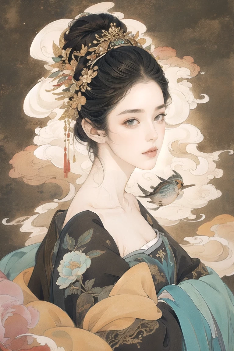 (8K, best quality, masterpiece:1.2),(best quality:1.0), (ultra high definition:1.0), watercolor, a beautiful woman, Shoulder, Headbands, by Agnes Cecil, bust, Extremely luminous and bright design, pastel colors, (ink:1.3), autumn lights,