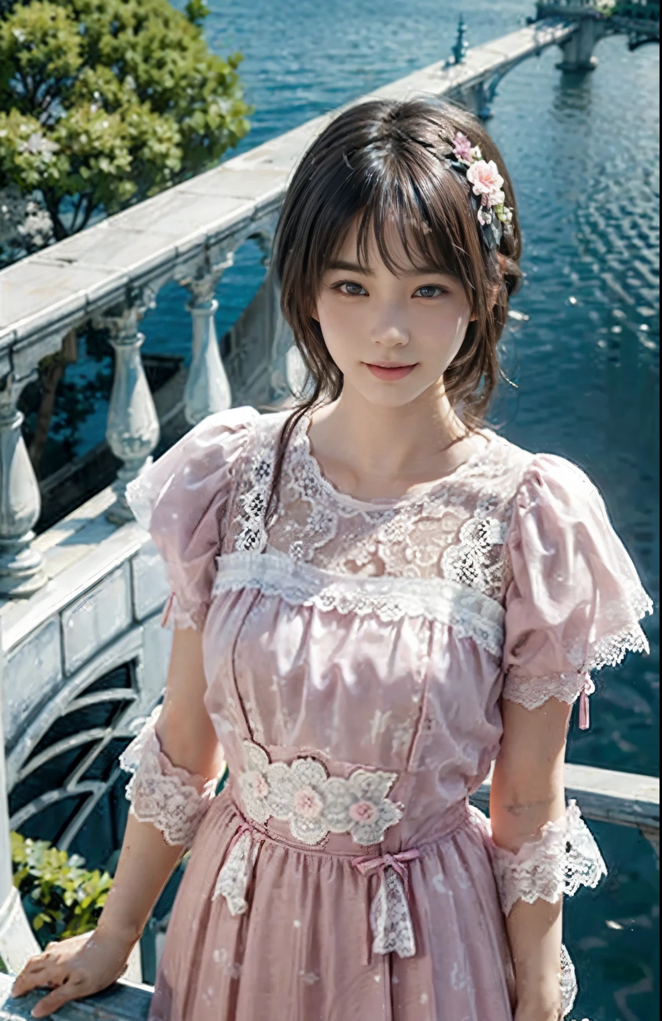 (ultra-realistic realism)、(illustratio)、(A high resolution)、(8K)、(Best Illustration)、(Beautifully detailed eyes)、(top-quality)、(ultra - detailed)、(masterpiece)、(the wallpaper)、(A detailed face)、solo、looking at viewert、A detailed face、pureerosfaceace_V1、A smile、 long hair、46-point diagonal bangs、((Pink lace dress))、((Beautiful woman standing on the balcony of the castle))