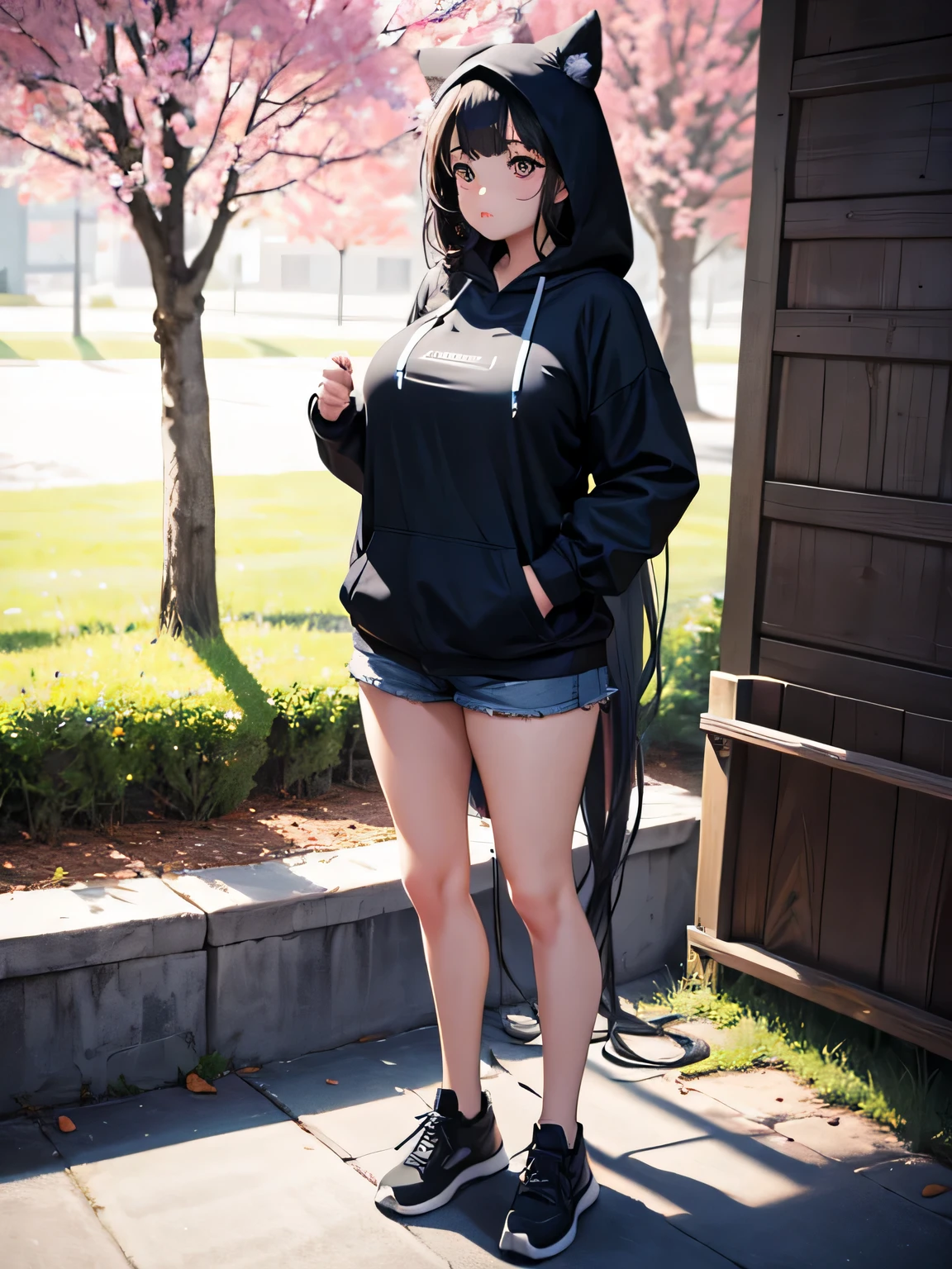 A girls, long hair, big breast, wearing hoodie, wearing short pants, full body