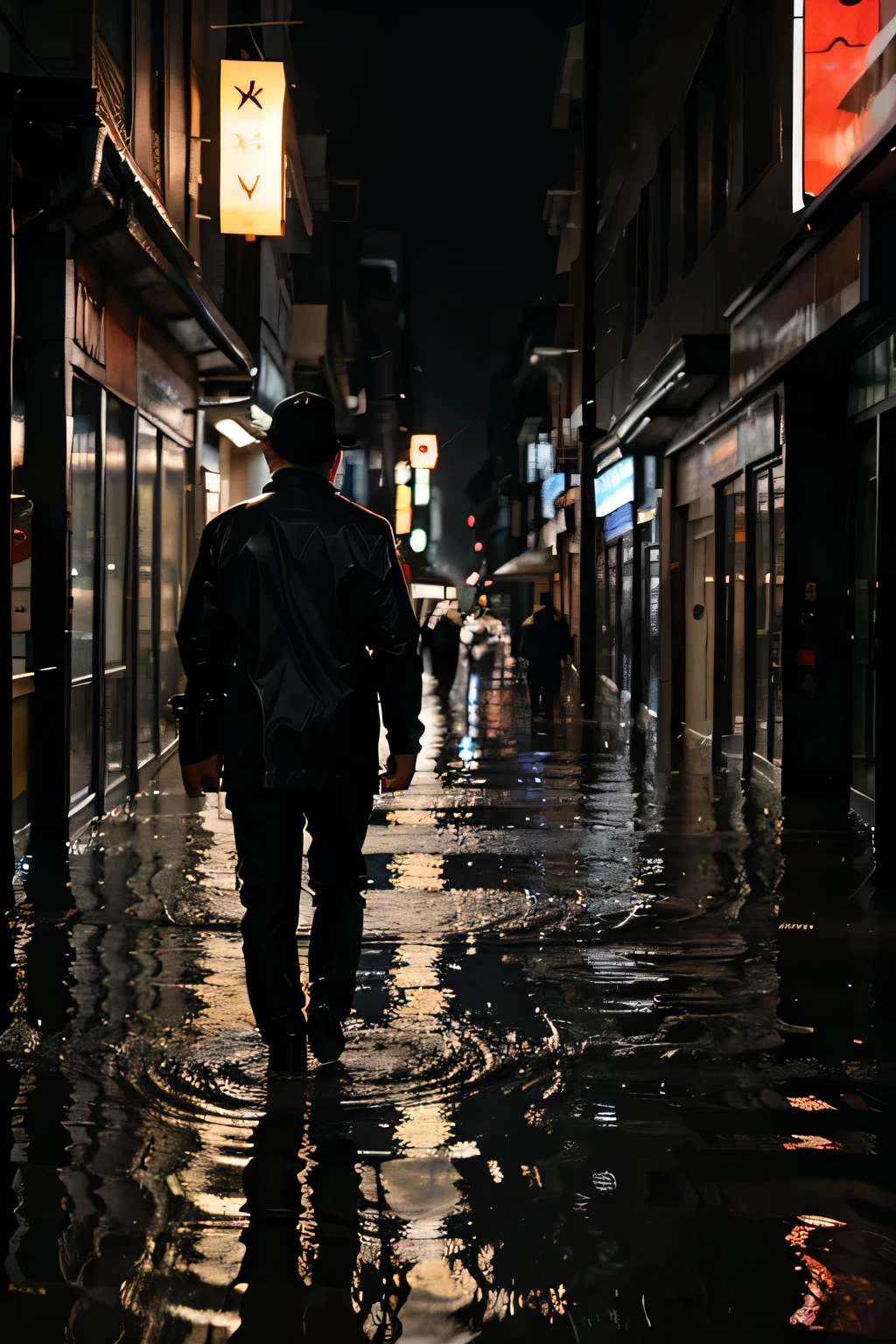 Flooding in dark corners of the city,It was raining in the sky,A man is walking forward, Look back at everyone,Behind you are lights shining on the water。