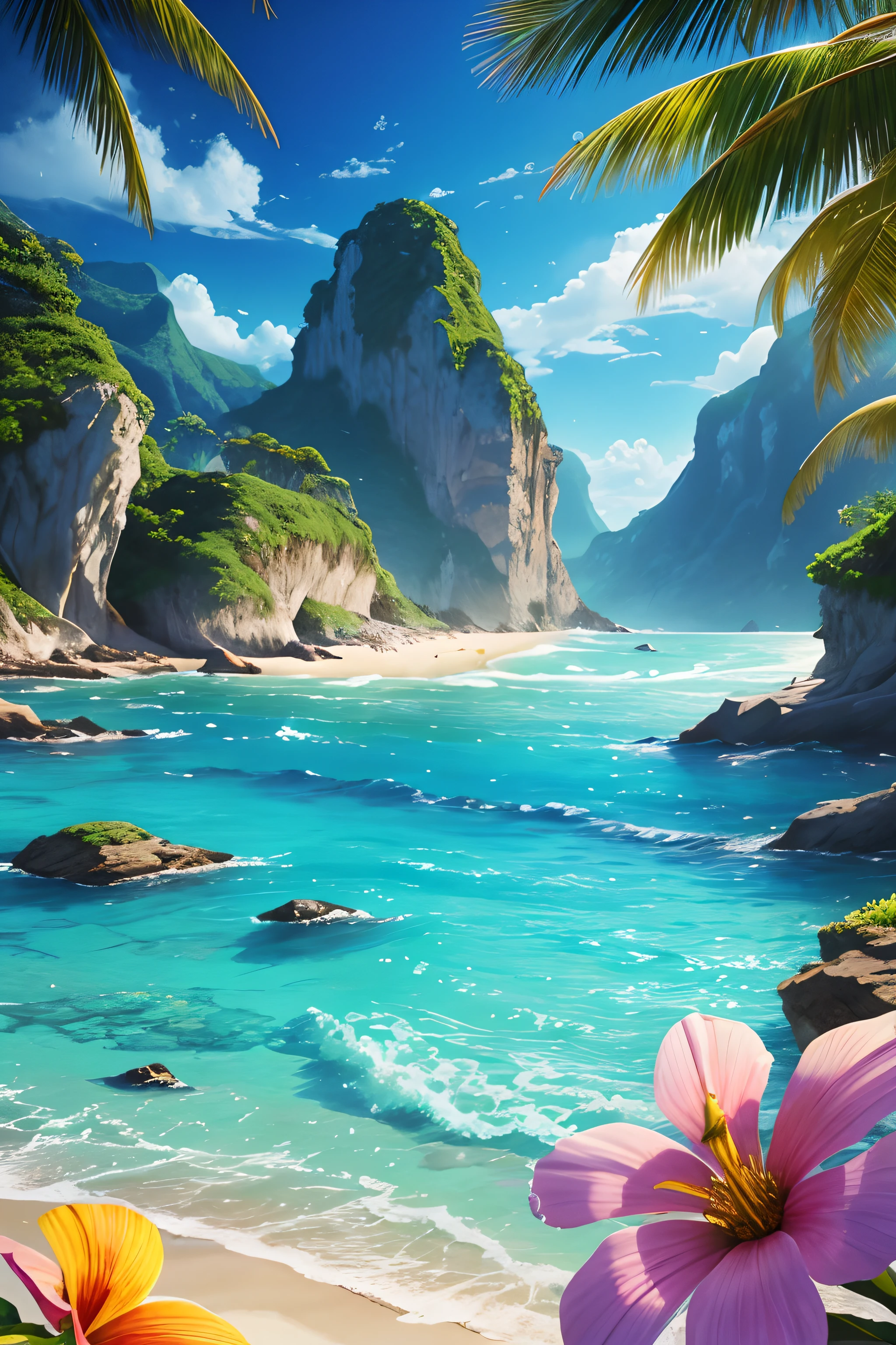 watercolor painting, random beautiful oceanic inspirational cheerful landscape, the best perfection landscape result, ocean, tropical island, sunshine, sun, tropical colorful lush flowers, ocean surf, detailed flowers, 3 d effect, paint dripping by Jeannie Wodden, victor nizovtsev, greg rutkowski, noah bradley, trending on artstation and 500px, 8k, masterpiece, fine details, full of color, intricate detail, golden ratio, Broken Glass effect, no background, stunning, something that even doesn't exist, mythical being, energy, molecular, textures, iridescent and luminescent scales, breathtaking beauty, pure perfection, divine presence, unforgettable, impressive, breathtaking beauty, Volumetric light, auras, rays, vivid colors reflects