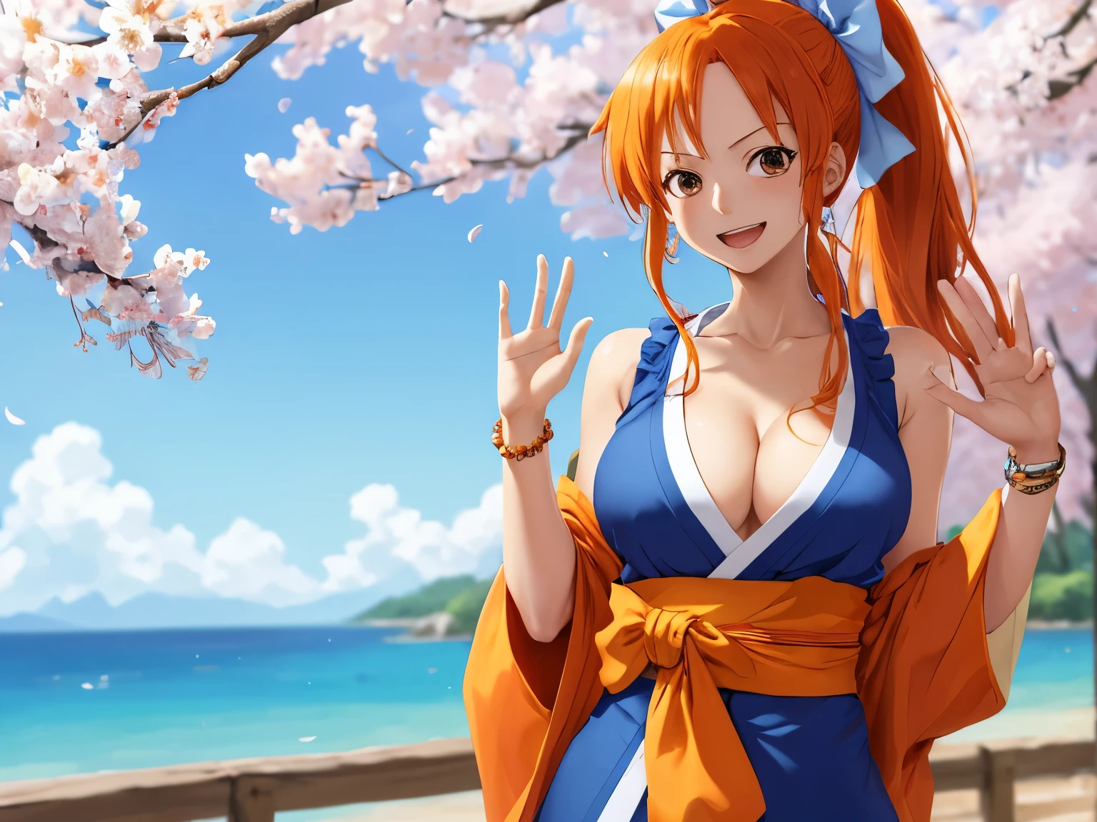 masterpiece, best quality, highres, nami (one piece), long hair, orange hair, low ponytail, hair bow, blue bow, brown eyes, collarbone, cleavage, short kimono, blue kimono, sleeveless, bare arms, bracelet, sash, obi, standing, cowboy shot, waving, outdoors, cherry blossoms, smile, open mouth,